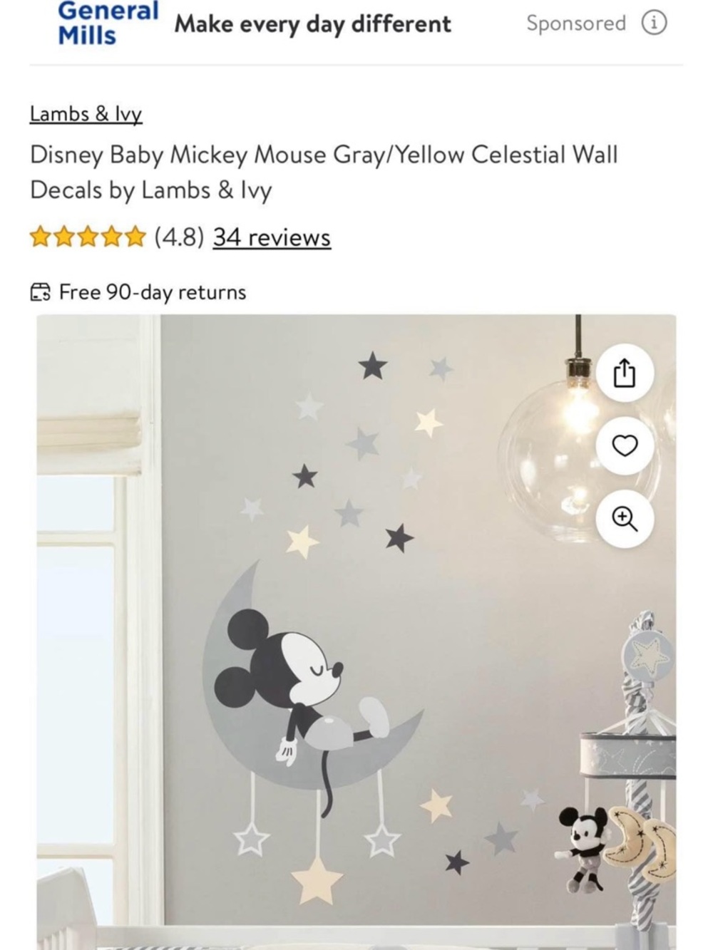 Disney Baby Mickey Mouse Gray & Yellow Celestial Wall Decals by Lambs & Ivy